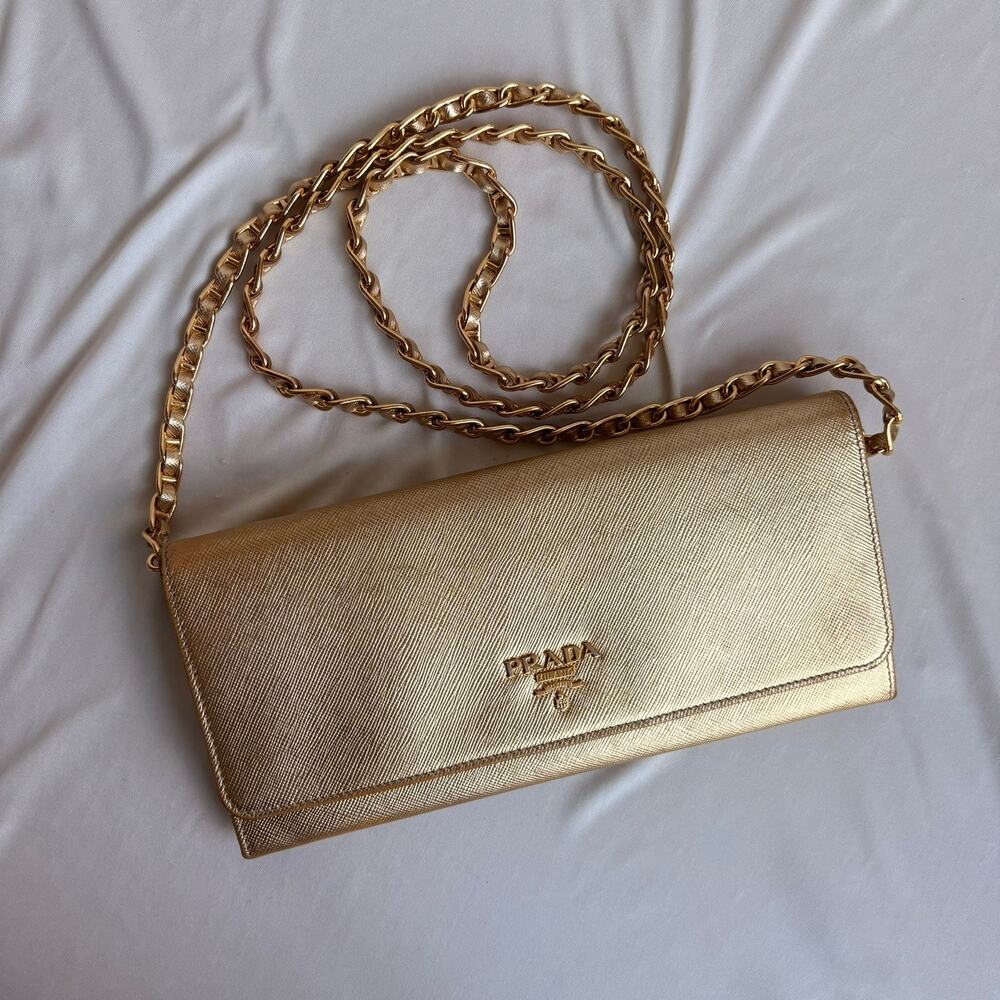 Prada Saffiano Leather Gold Wallet on Chain